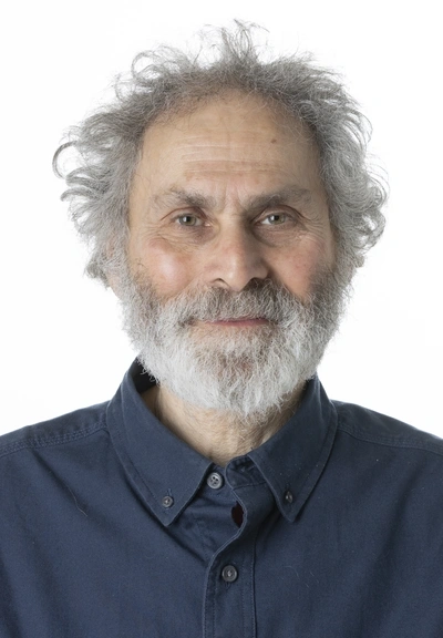 Headshot of a person with unruly grey hair and a medium leagnth grey beard wearing a blue button up shirt.