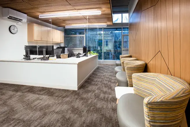 a wide view of the check in area of the student wellness center