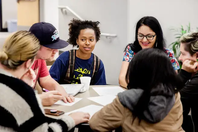 students in a group doing a project